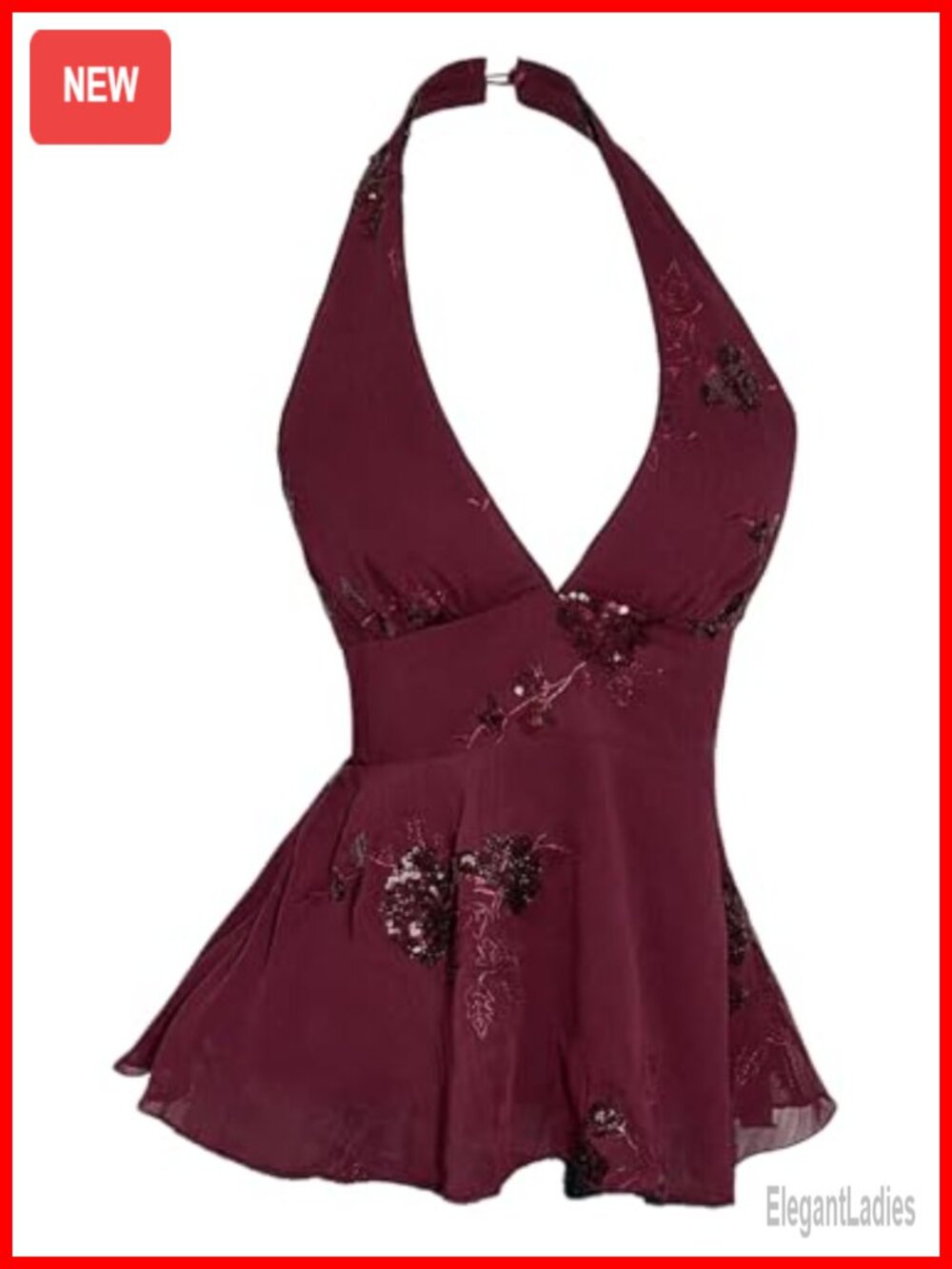 Sequin Beaded Halter Tank Top Open Back Ruffle Hem